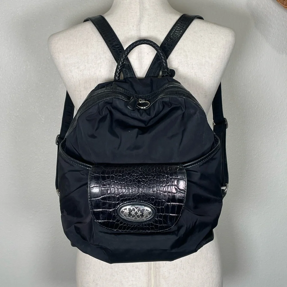 BRIGHTON E429116 Black Nylon Backpack With Leather Croc Trims Beat Up Damaged